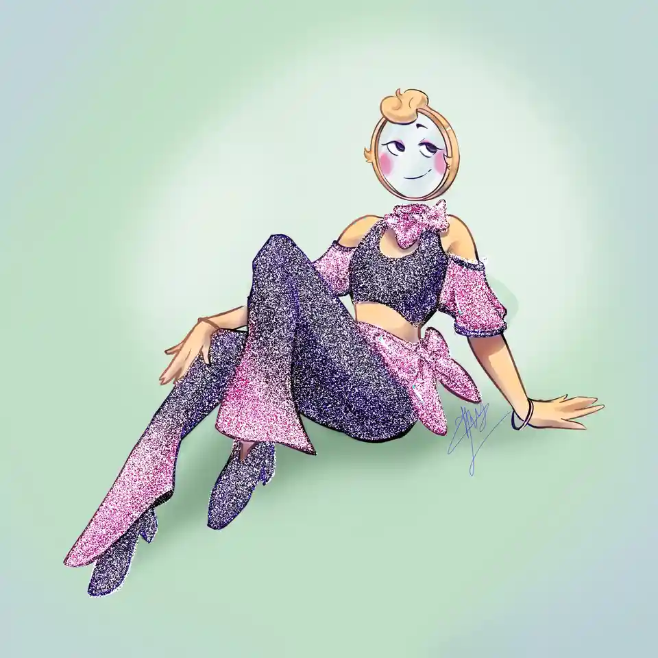 An anime-style illustration of a woman sitting cross-legged, wearing a glittery purple and pink outfit with bows, but her…