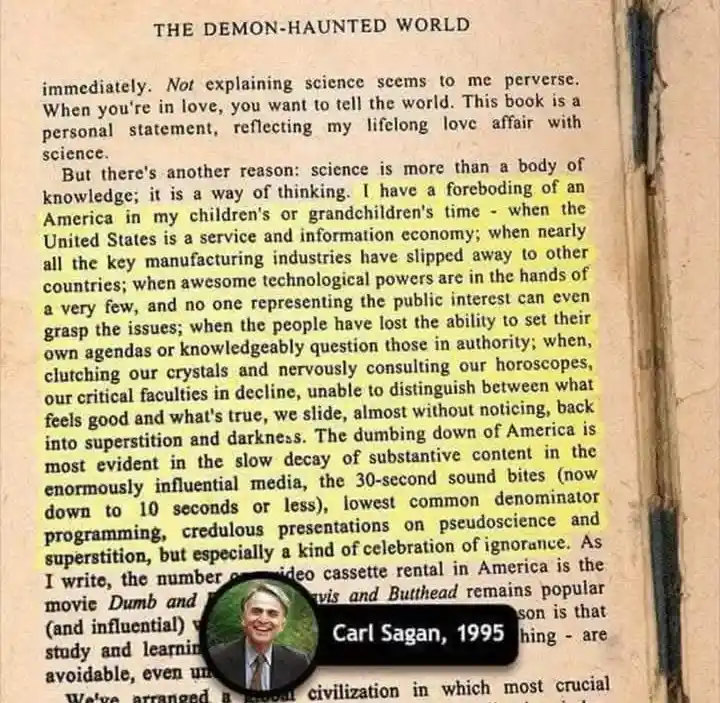 A close-up of a yellow highlighted passage from Carl Sagan's book 'The Demon-Haunted World' (1995), which discusses societal…