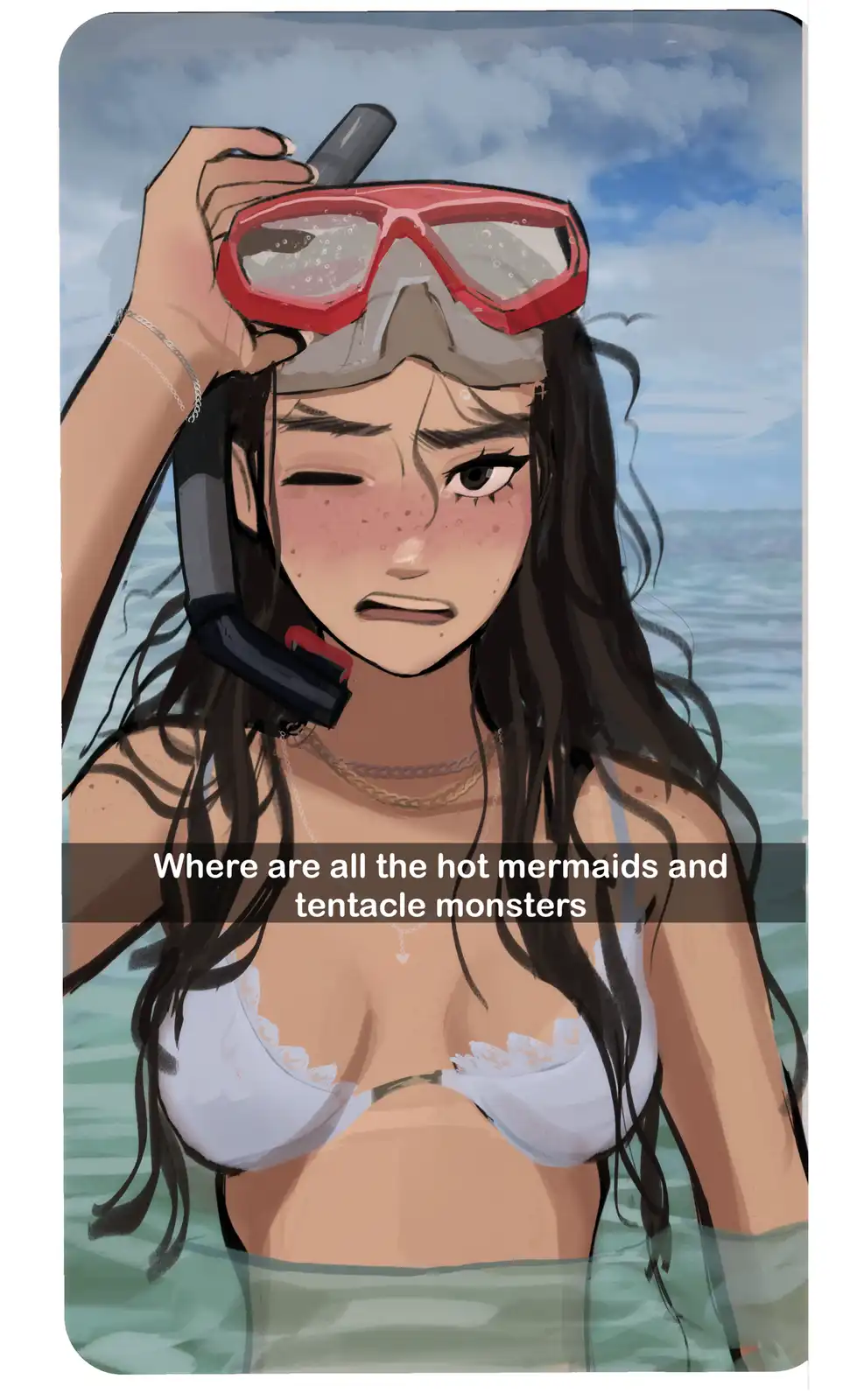 An anime-style illustration shows a young woman with long dark hair in a white bikini, partially submerged in ocean water…