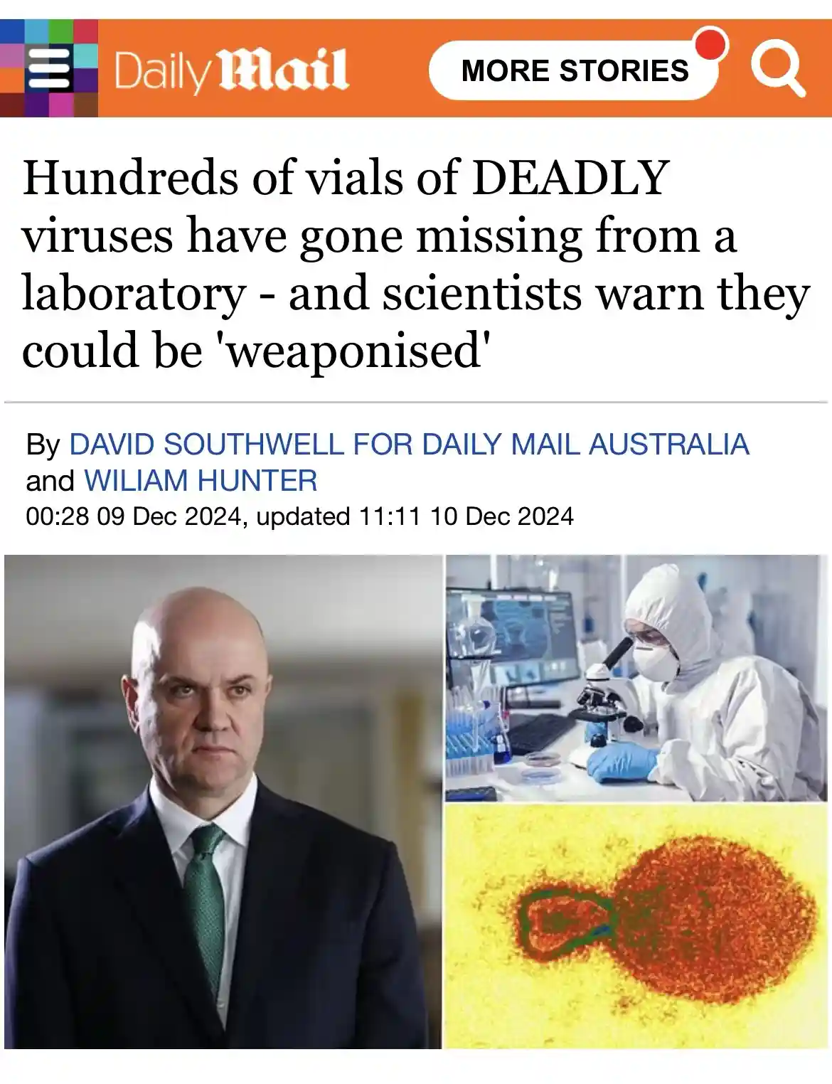 The image is a screenshot of a Daily Mail Australia news article with a headline about missing deadly viruses. It features a…