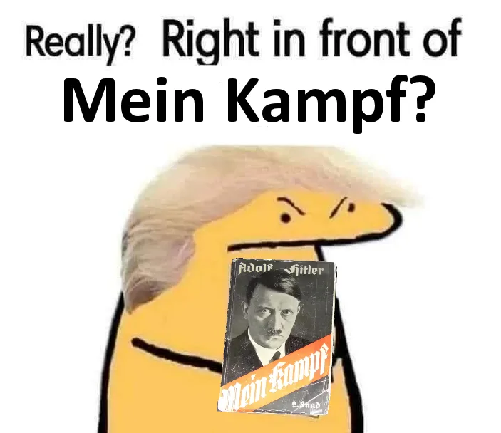 A crudely drawn yellow cartoon figure with a large, comically styled blonde hairdo resembling Donald Trump's hairstyle holds…