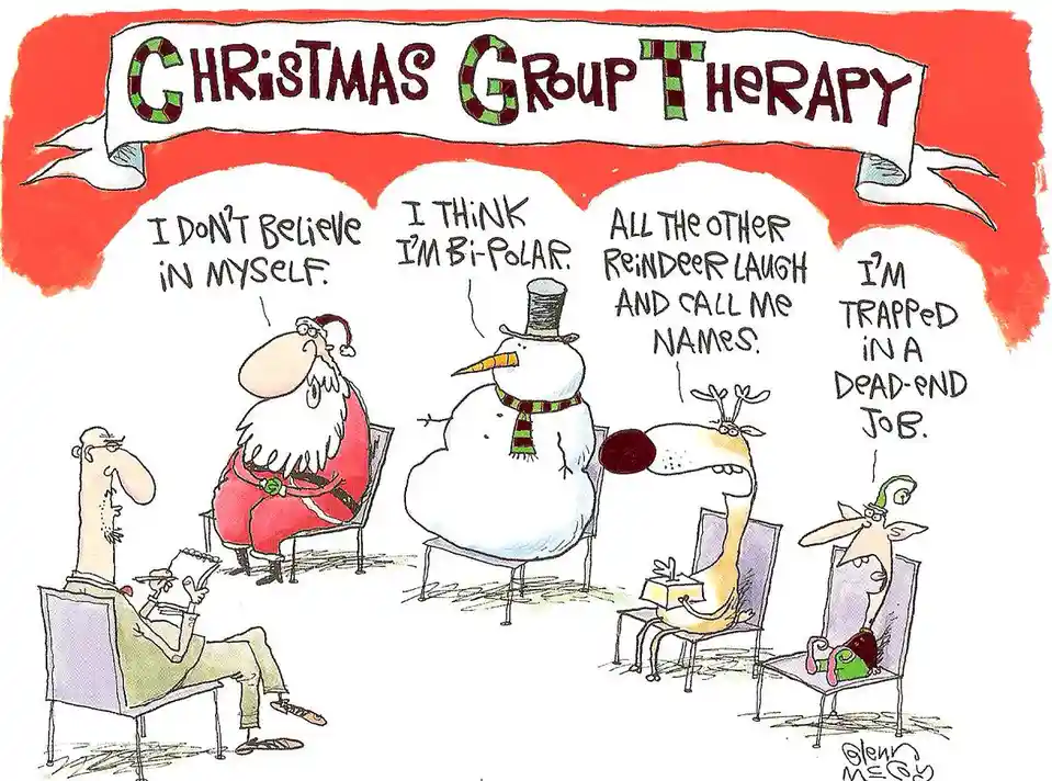 A cartoon depicts a Christmas-themed group therapy session with Santa Claus, a snowman, a reindeer, and a small elf sitting…
