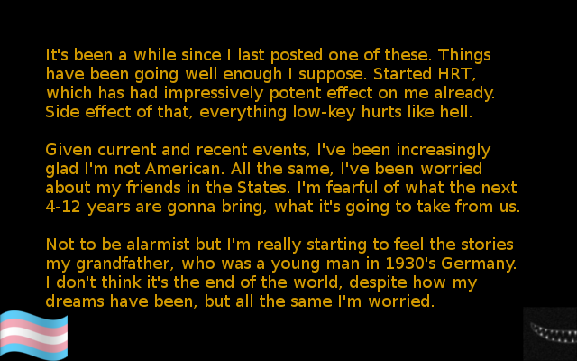 A black background with yellow text describing personal reflections on hormone replacement therapy, political anxiety about…