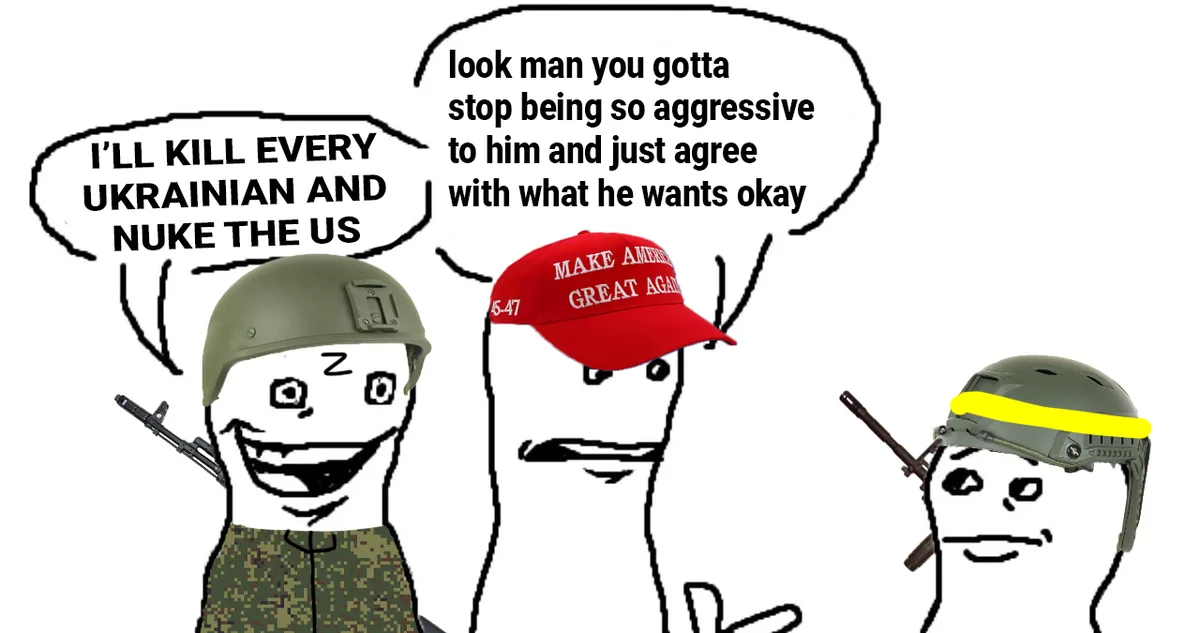 A cartoon image shows three stick figures in military gear. The left figure, wearing a helmet and holding a rifle, declares…