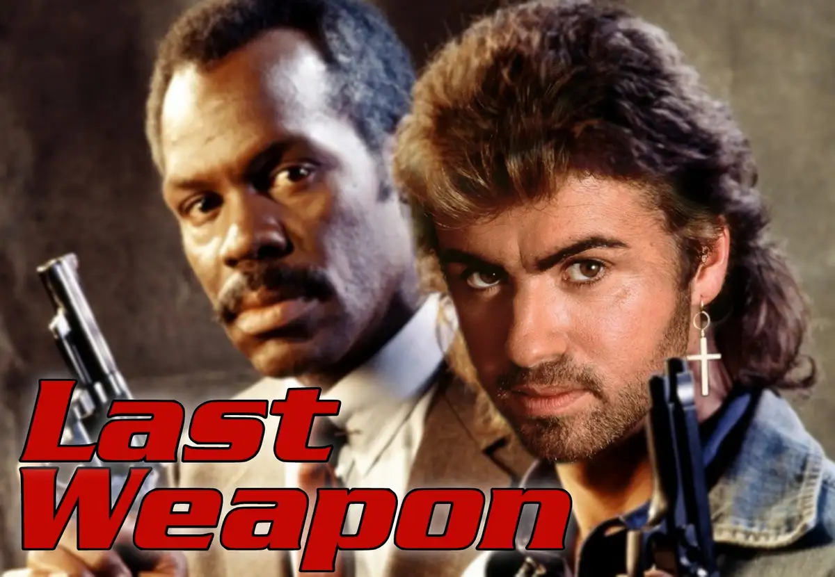Two men stare intensely at the viewer, each holding a handgun. The man on the left is dark-skinned with a mustache and wears…
