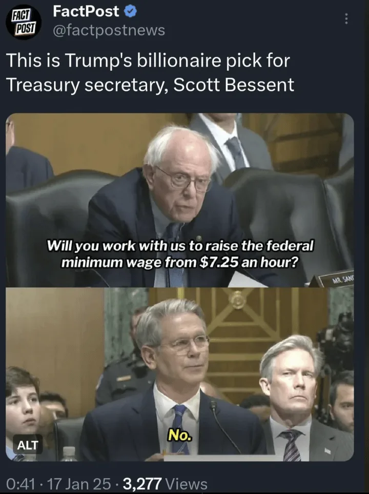 The image is a two-panel meme from a FactPost tweet. The top panel shows Bernie Sanders looking serious while asking Scott…