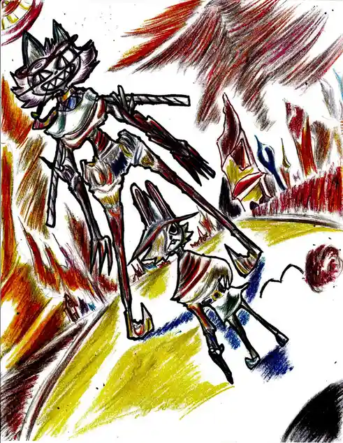 A hand-drawn, colorful sketch depicts a tall, menacing, skeletal cat-like creature with sharp teeth and claws, looming over…