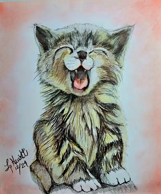 A detailed colored pencil drawing of a fluffy, long-haired kitten sitting upright with its eyes closed and mouth wide open…