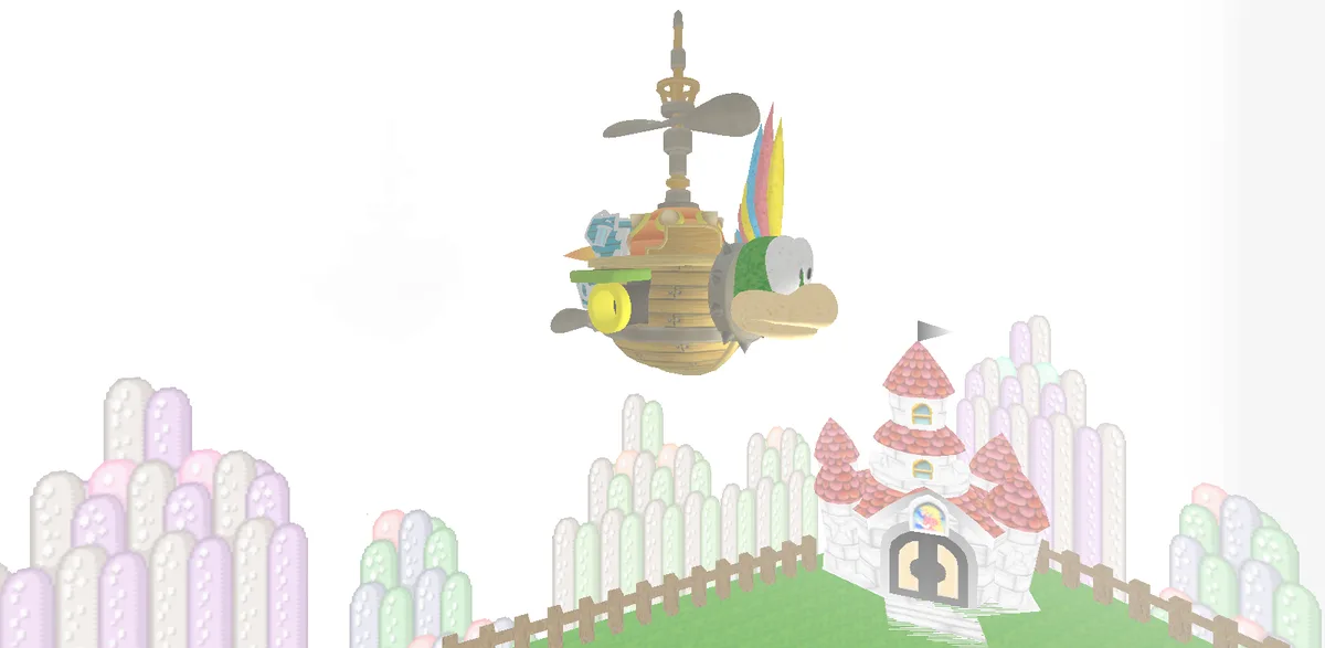 A cartoonish flying vehicle with a green, round-faced character resembling Kamek from Mario games hovers above a small…
