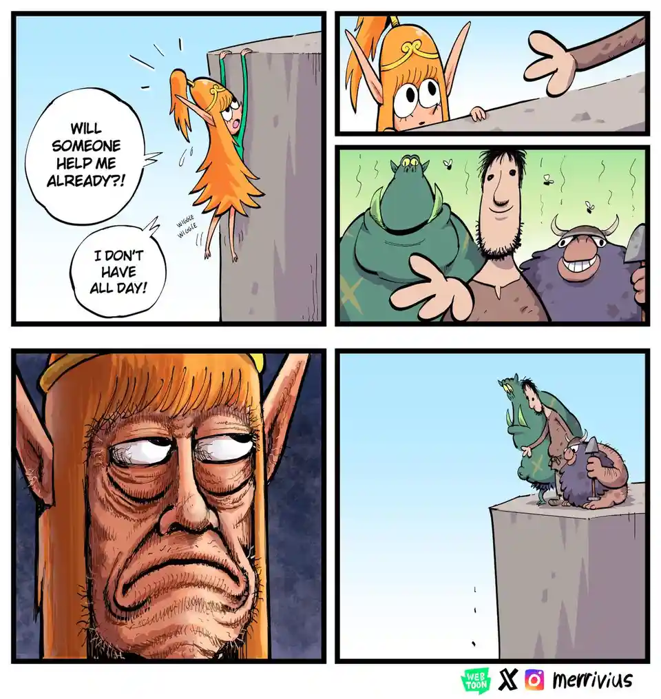 A four-panel comic strip shows a distressed elf girl clinging to a cliff edge, shouting for help. Two muscular, grinning…