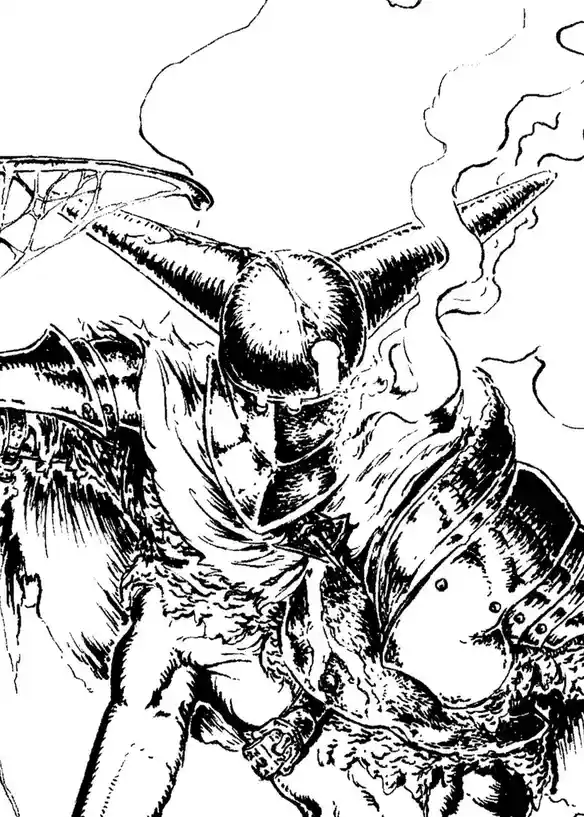 A black-and-white line art illustration shows a heavily armored, horned, demonic-looking creature with smoke rising from its…