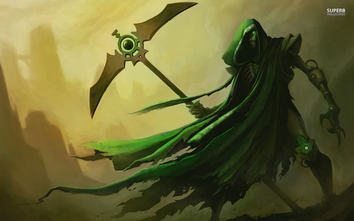 A skeletal figure in a flowing green hooded cloak wields a large, ornate scythe with a glowing green eye at its center. The…