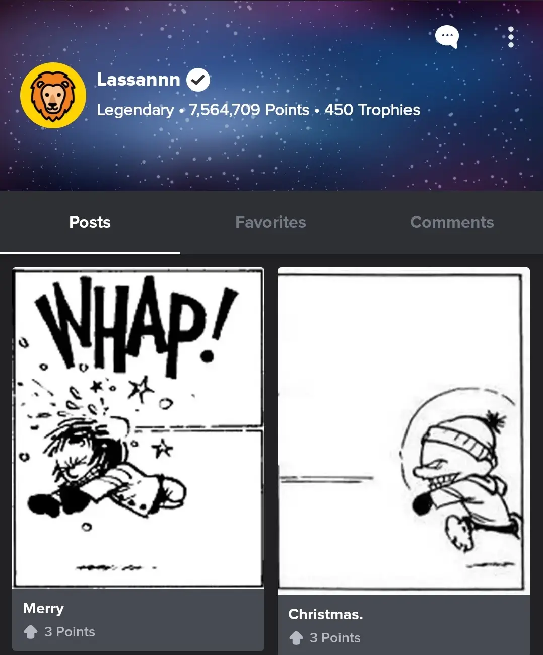 A screenshot of a user profile with a starry background and a verified 'Legendary' status showing 7,564,709 points and 450…