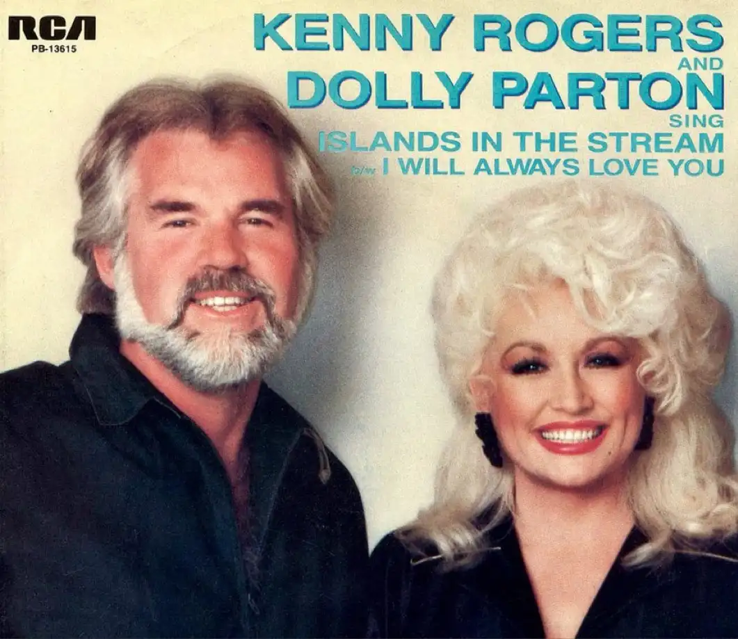 The image is a vintage album cover featuring country music icons Kenny Rogers and Dolly Parton smiling at the camera. The…