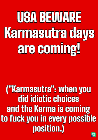 A red background image with bold white text warns 'USA BEWARE Karmasutra days are coming!' followed by a definition in…
