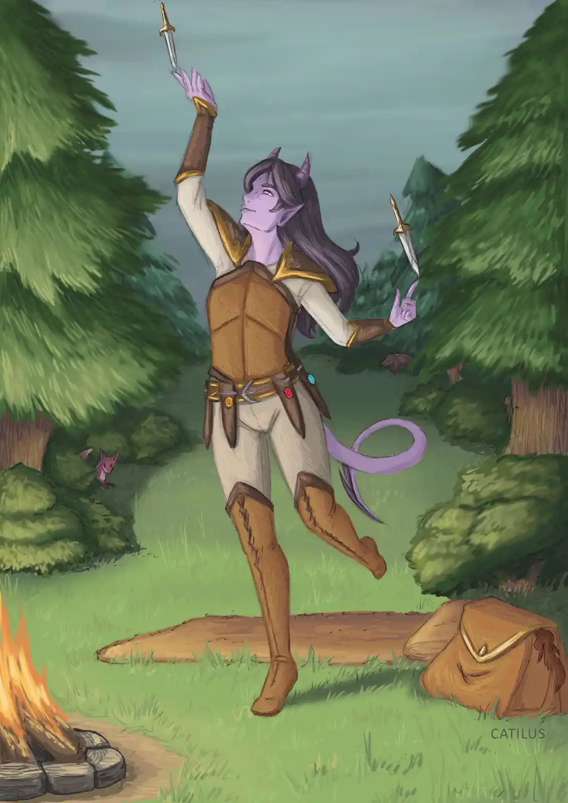 A purple-skinned, horned, tail-wielding fantasy character in adventurer gear stands in a forest clearing, juggling two small…