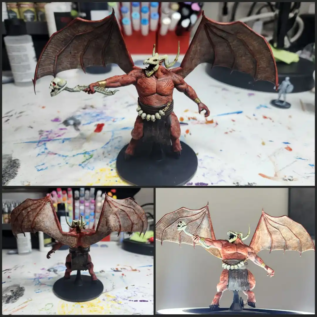 A three-panel image shows a painted miniature of a demonic figure with bat-like wings, horns, and a skull-topped staff…