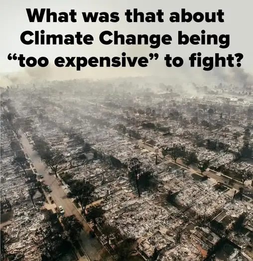 An aerial view of a city devastated by fire, with charred rubble and smoke filling the sky. Overlaid text asks, 'What was…