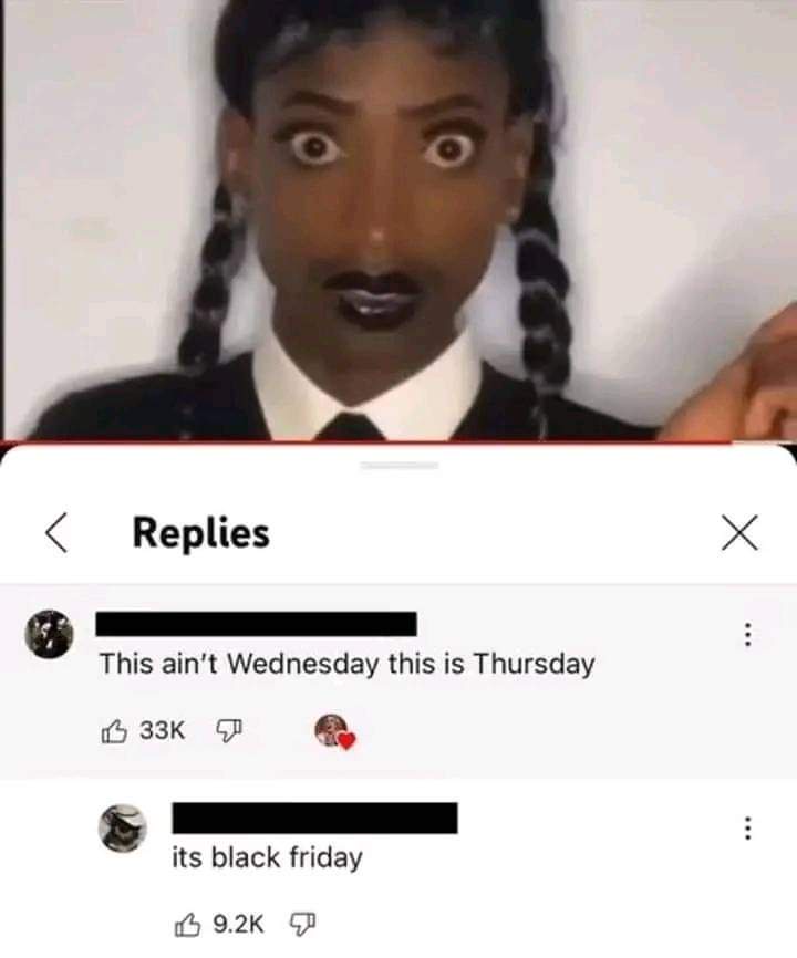 A screenshot of a social media replies section shows a shocked person with braids and dark lipstick reacting to comments…