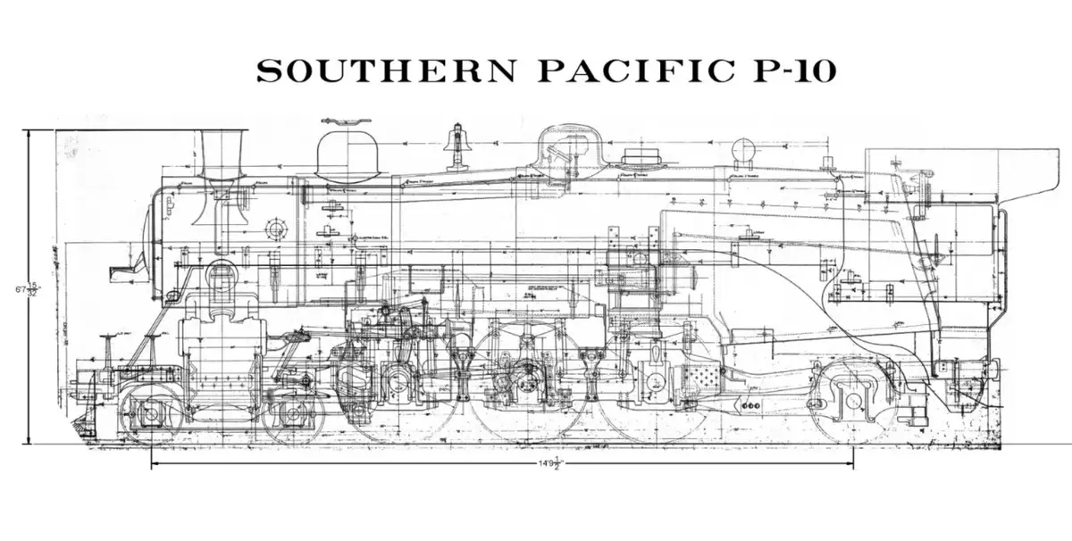 A detailed black-and-white technical blueprint of a Southern Pacific P-10 steam locomotive, showing intricate mechanical…