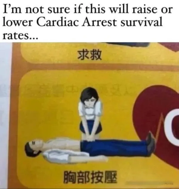 An illustrated public service announcement shows a woman performing chest compressions on a man lying on his back, with…