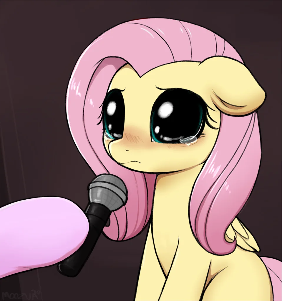 A cartoon pony with pink hair and a yellow body holds a microphone, visibly crying with tears streaming down her face while…
