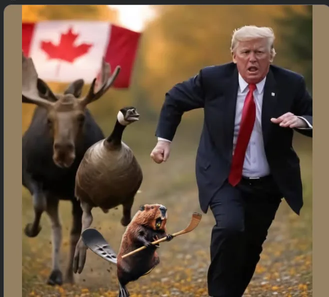 A digitally altered image shows Donald Trump running in panic across a leafy field with a Canadian flag in the background…