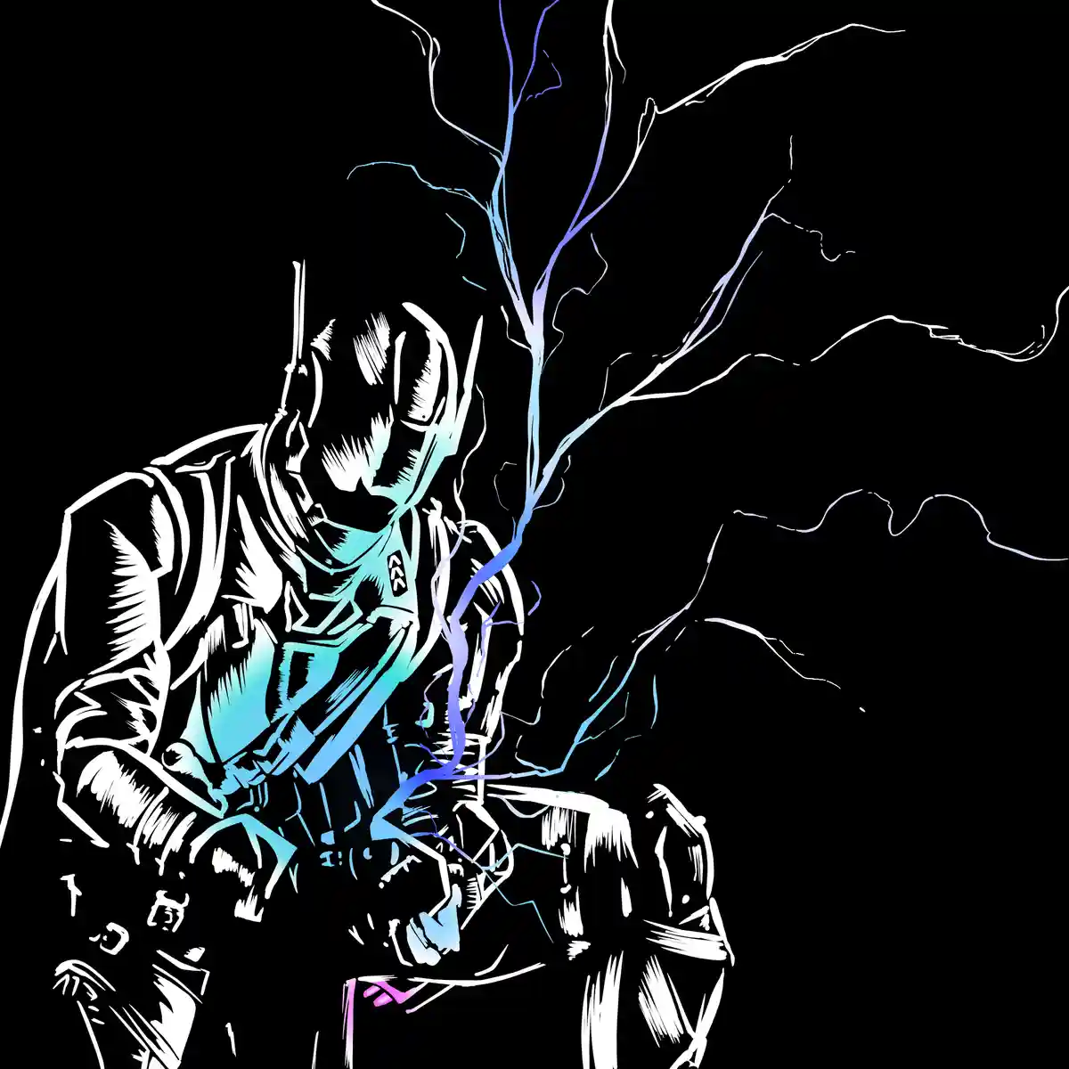 A stylized anime character with spiky hair and a determined expression is shown with blue lightning crackling around them…