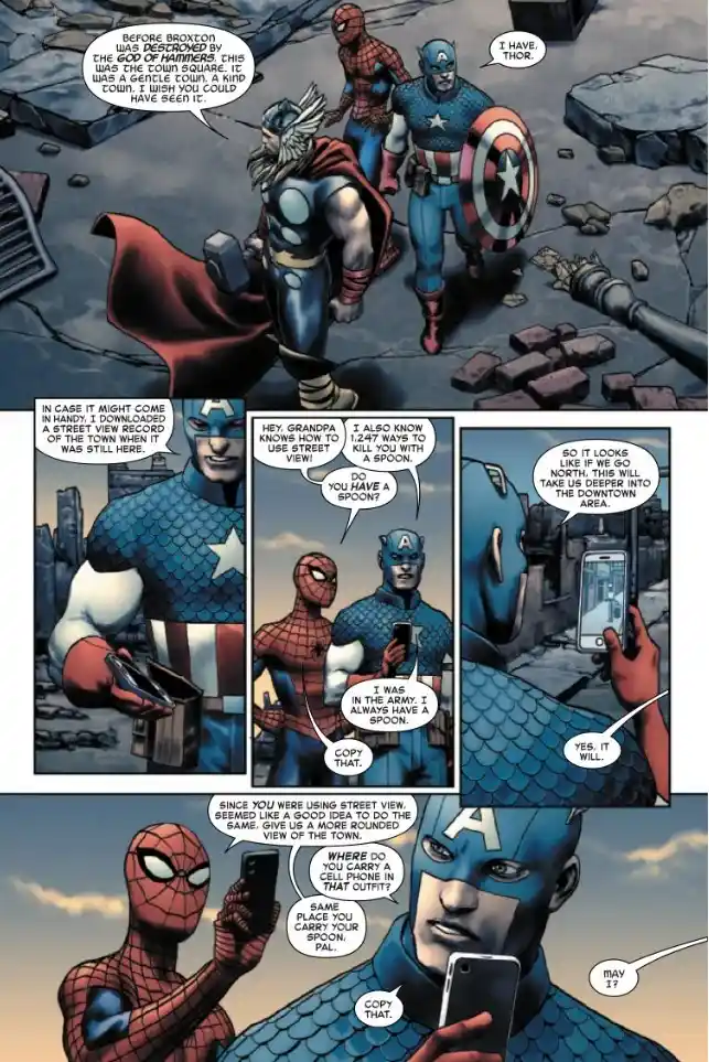 A comic panel shows Captain America and Spider-Man using smartphones to navigate a destroyed town, humorously…