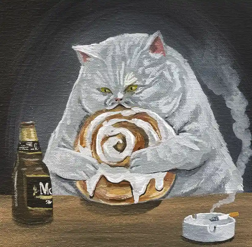 A painting of a fluffy gray cat with yellow eyes sitting at a wooden table, holding a large cinnamon roll with white icing…