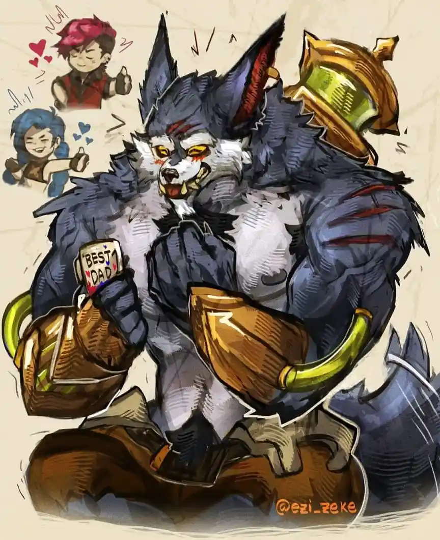 A large, muscular anthropomorphic wolf with armor and a helmet, holding a mug that reads 'BEST DAD', looks grumpy or…