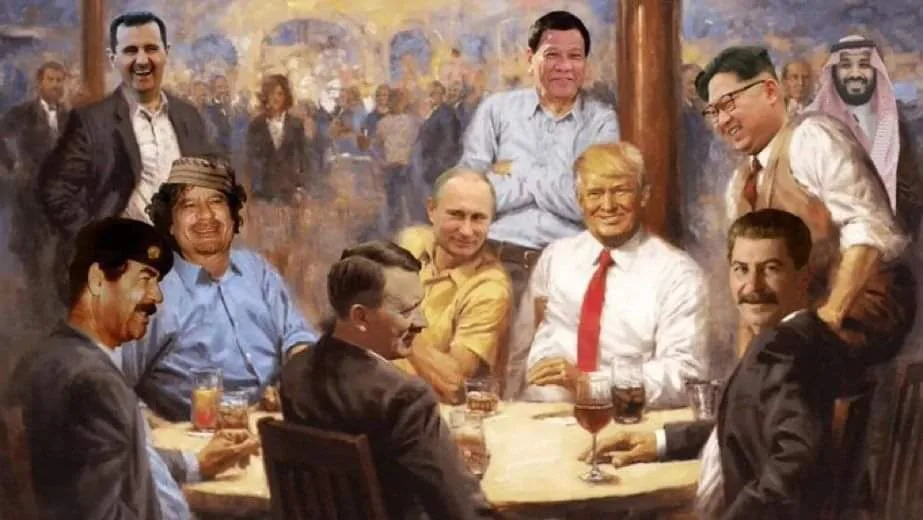 A painting-style image depicts several world leaders, including Bashar al-Assad, Rodrigo Duterte, Vladimir Putin, Donald…