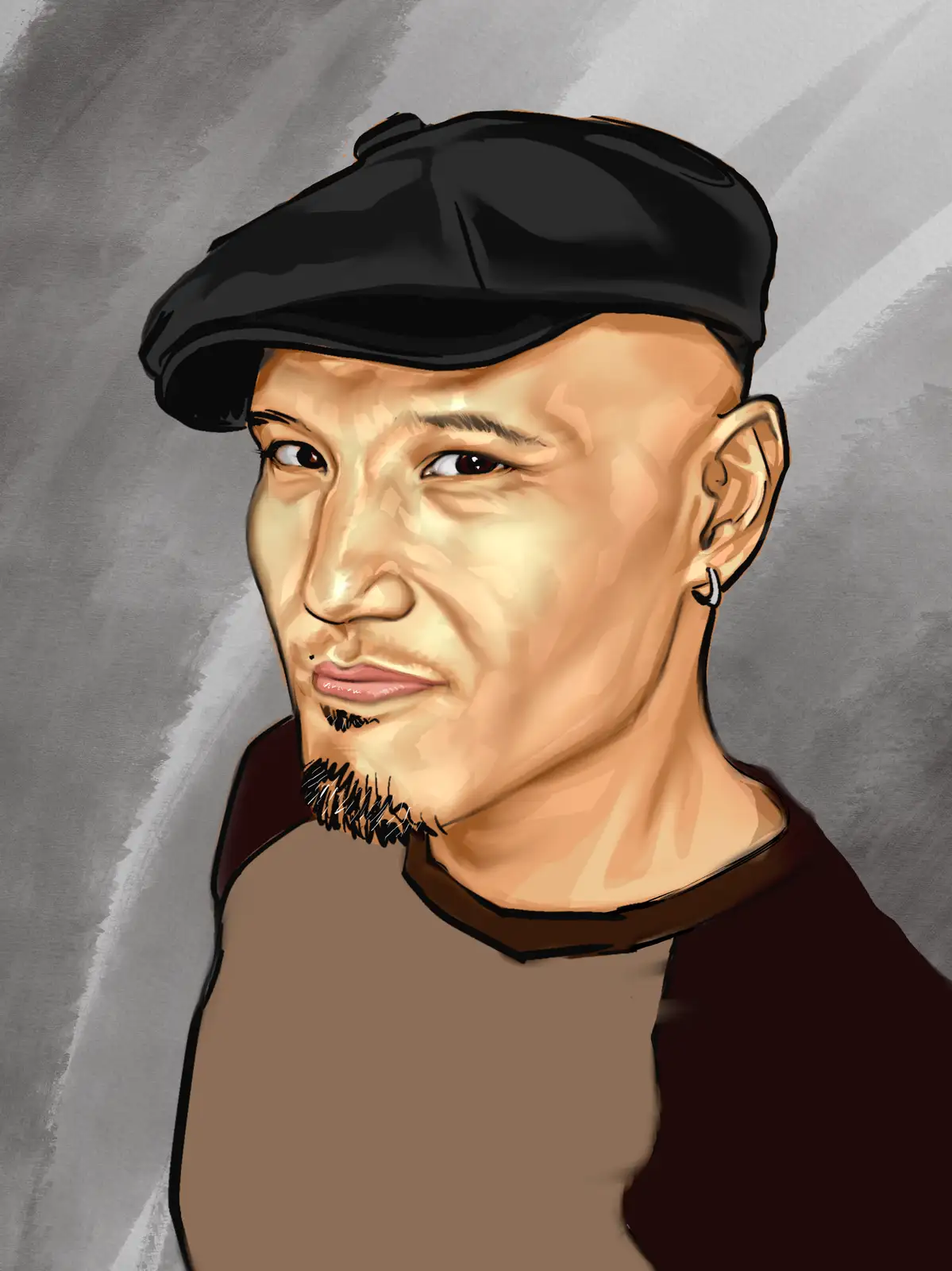 A stylized digital portrait of a bald man with a black flat cap, goatee, and hoop earring, looking sideways with a skeptical…