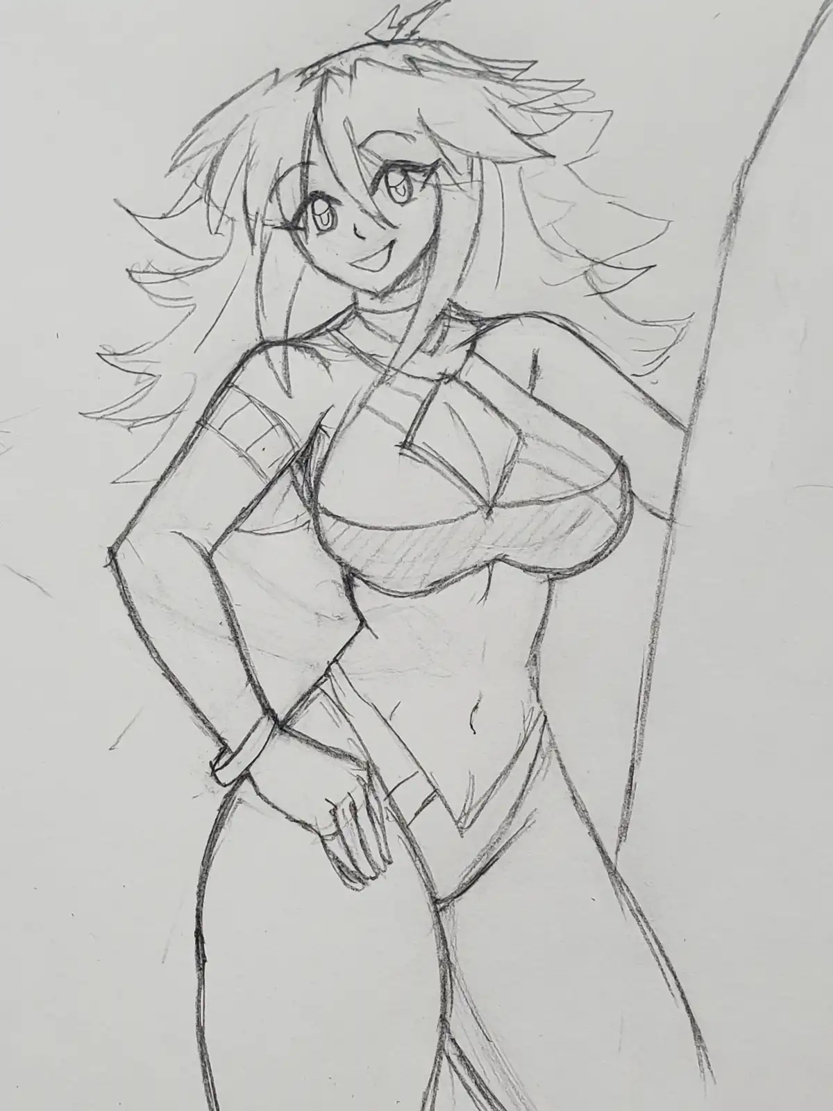 A pencil sketch of an anime-style female character with long hair, a confident smile, and a detailed outfit, overlaid with…
