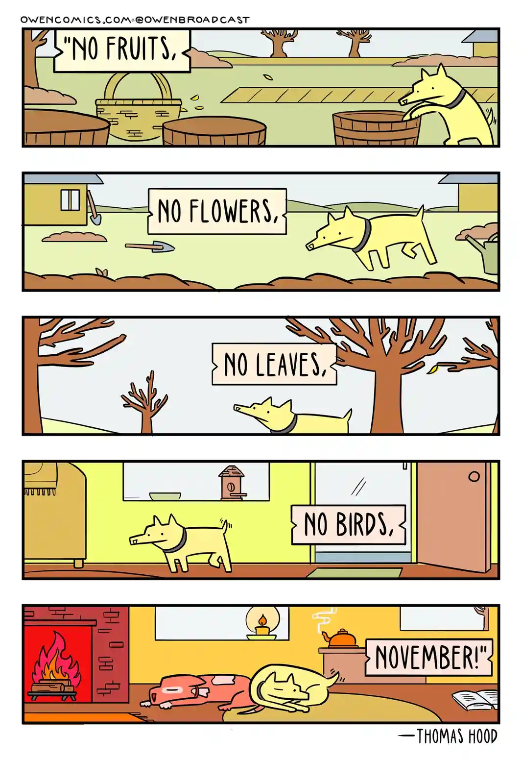 A five-panel comic strip shows a yellow dog progressively listing the absence of seasonal things: fruits, flowers, leaves…