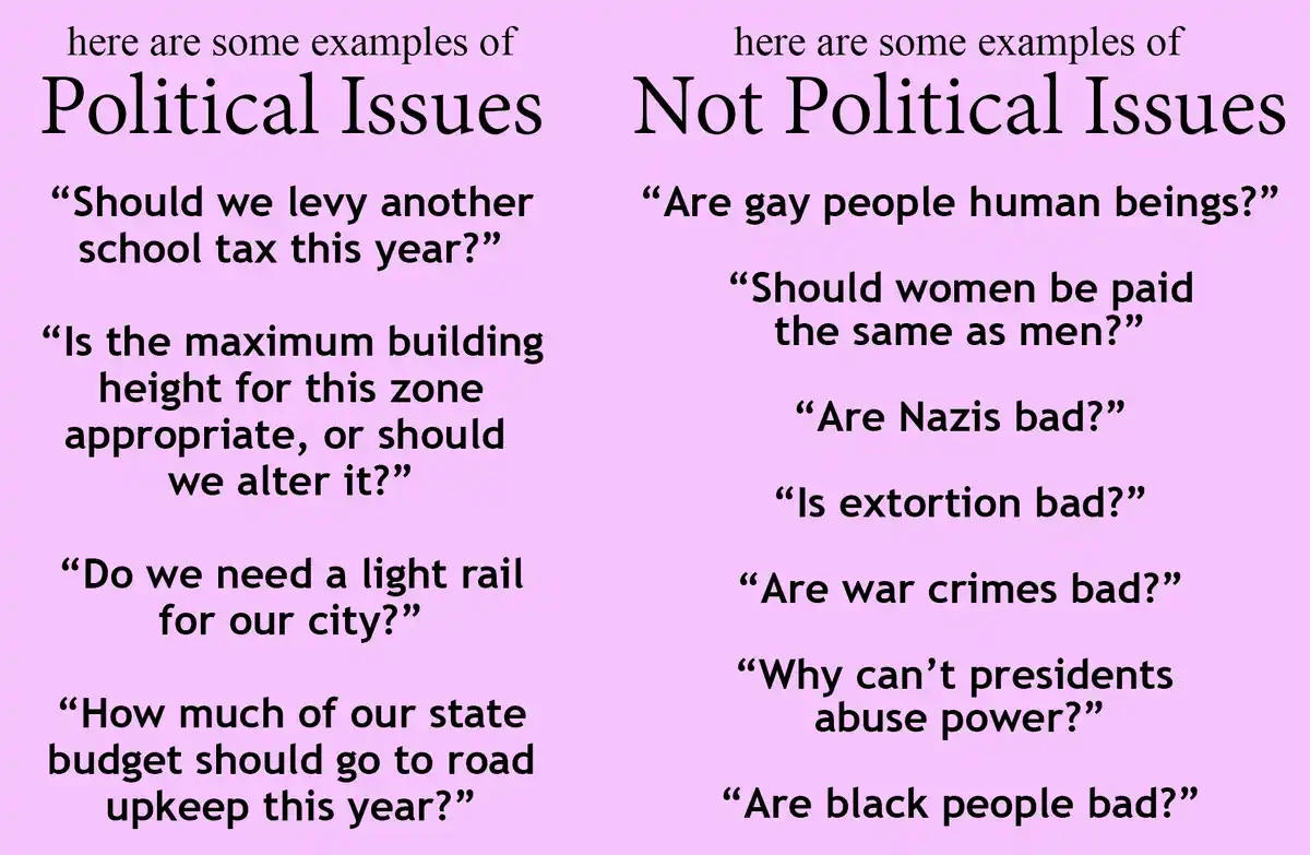 The image is split into two columns on a pink background. The left column, titled 'Political Issues,' lists questions like…