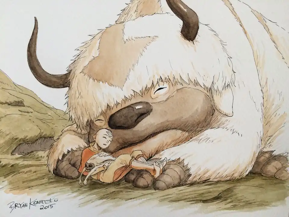 A watercolor illustration shows a large, fluffy, horned bovine creature sleeping peacefully with a small child nestled…