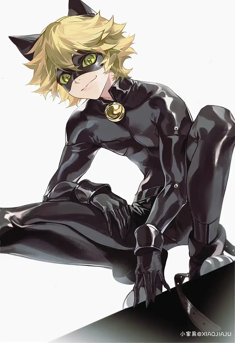 An anime-style illustration of a blonde-haired character in a black, shiny cat-themed costume with cat ears, green eyes, and…