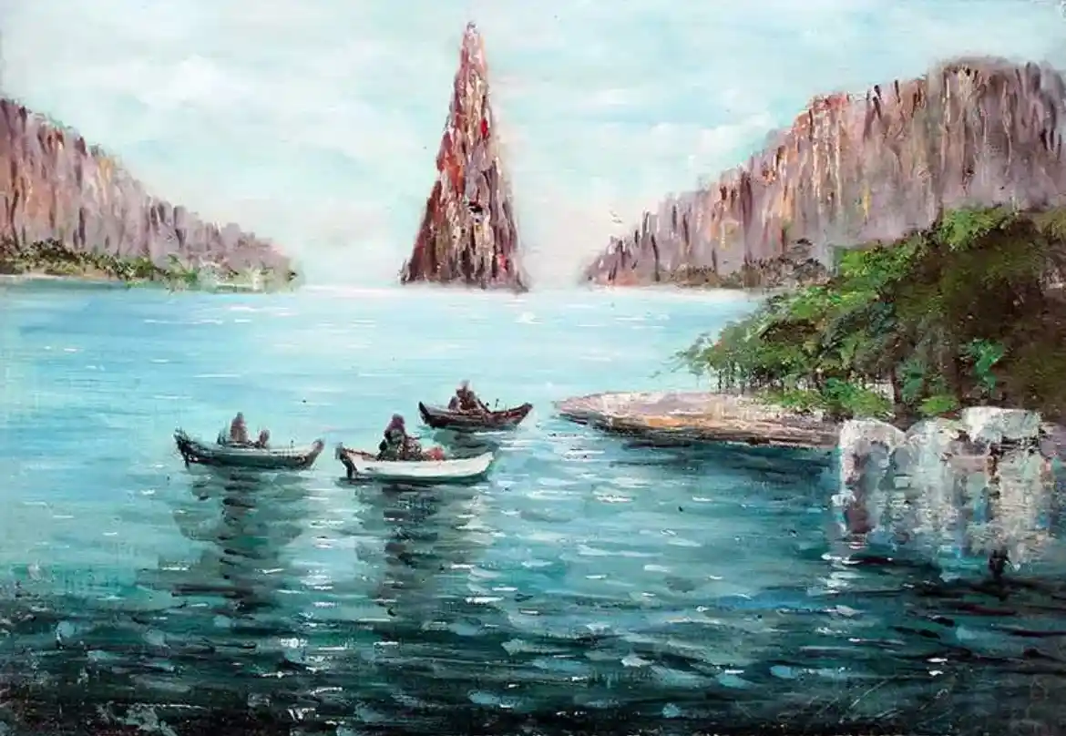 A vintage-style painting depicts a serene bay with several small boats floating on calm blue water, surrounded by steep…