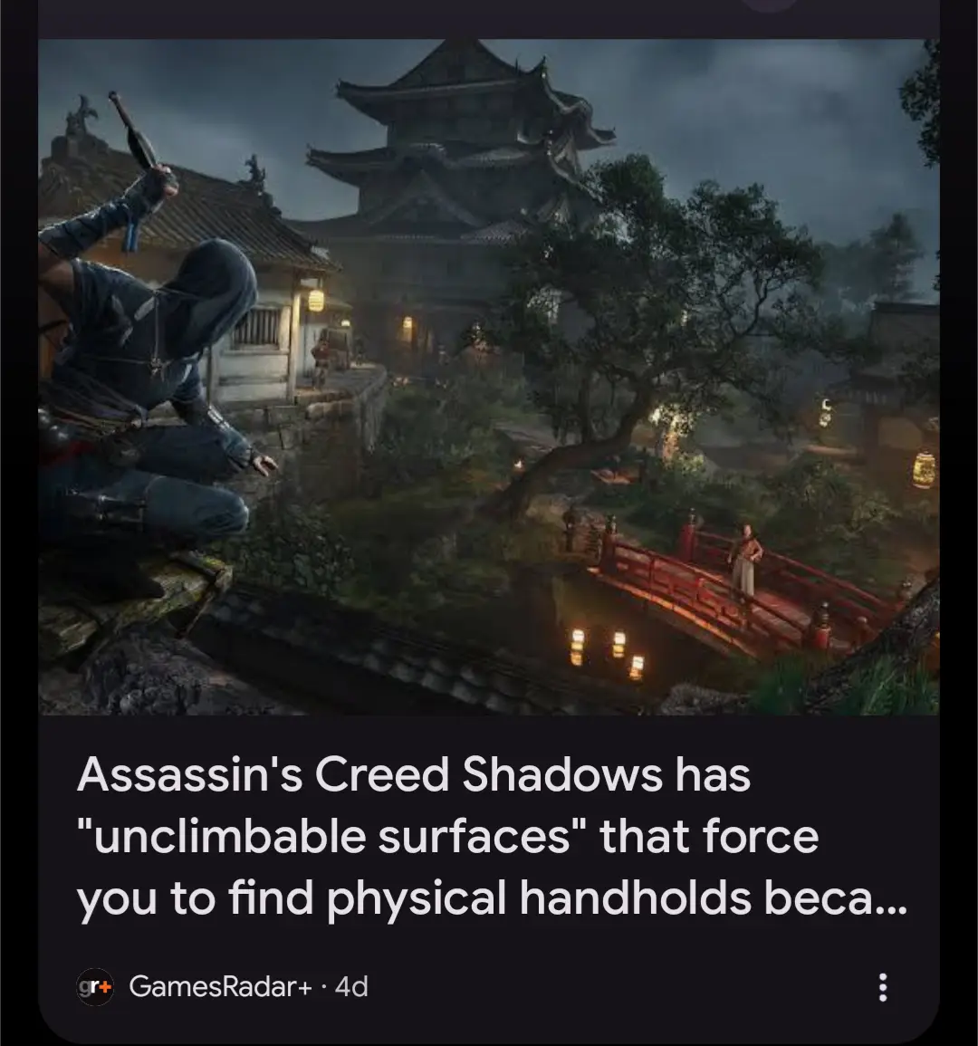 A screenshot from Assassin's Creed Shadows shows a hooded assassin crouching on a stone wall overlooking a traditional…