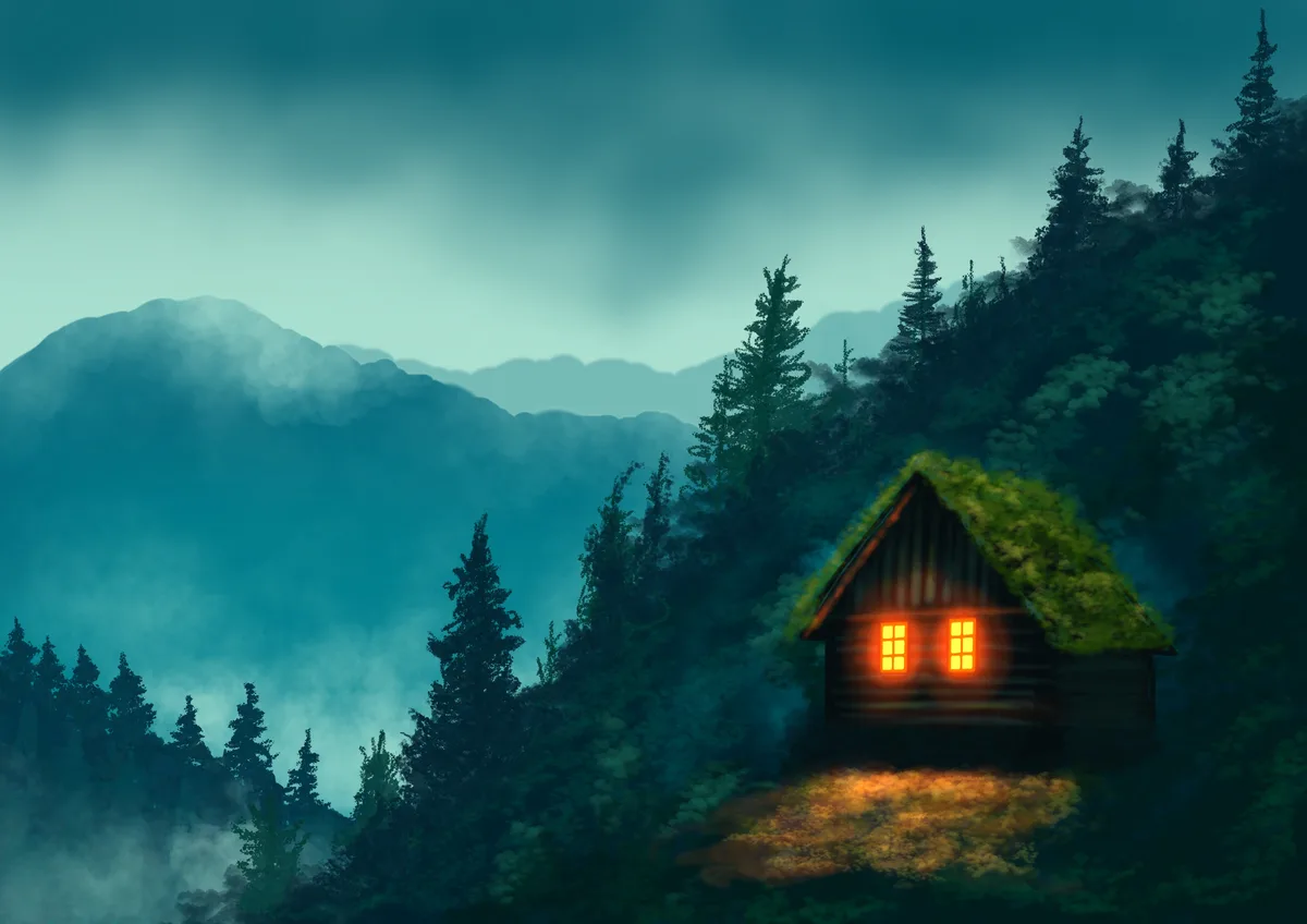 A cozy wooden cabin with glowing windows sits nestled in a misty, forested mountain valley under a teal sky. The warm light…