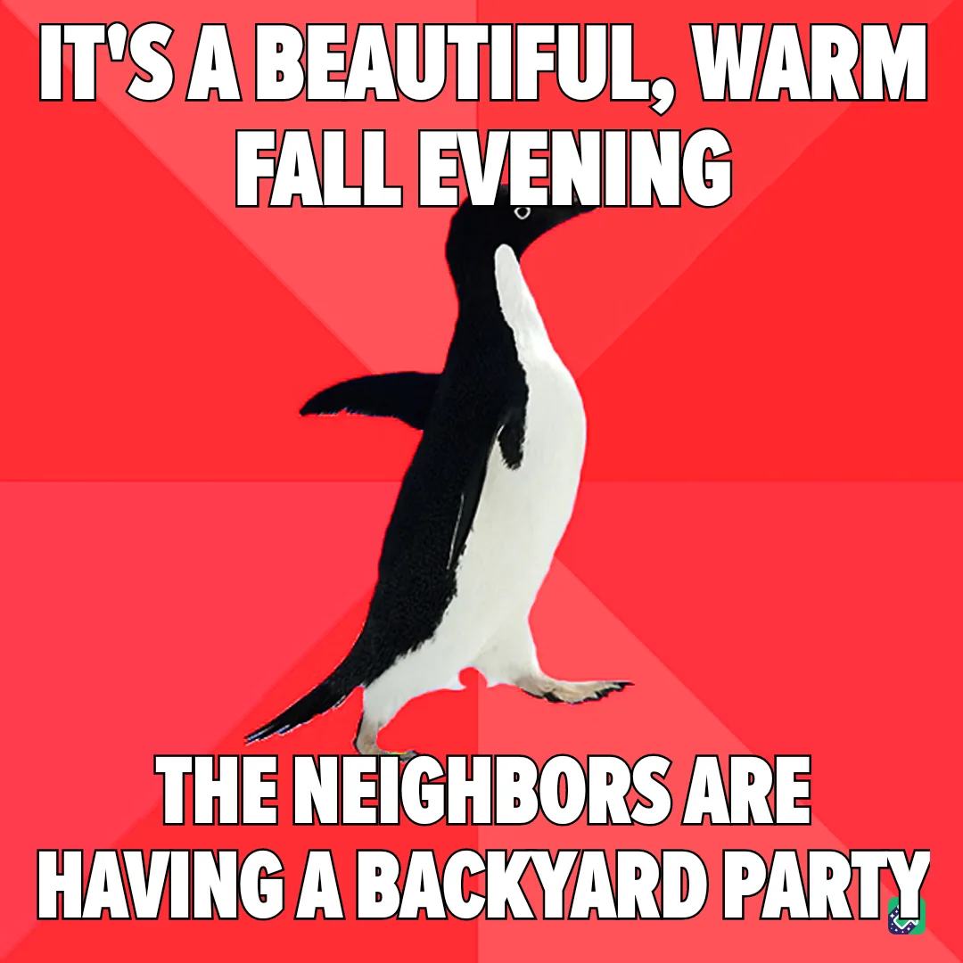A black-and-white penguin stands against a red background with diagonal stripes. The text at the top reads 'IT'S A…