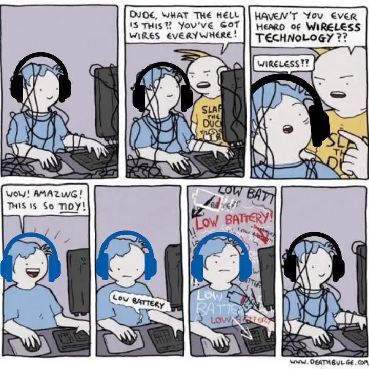 A six-panel comic strip shows a person with messy, tangled headphone wires being scolded by a friend for not using wireless…