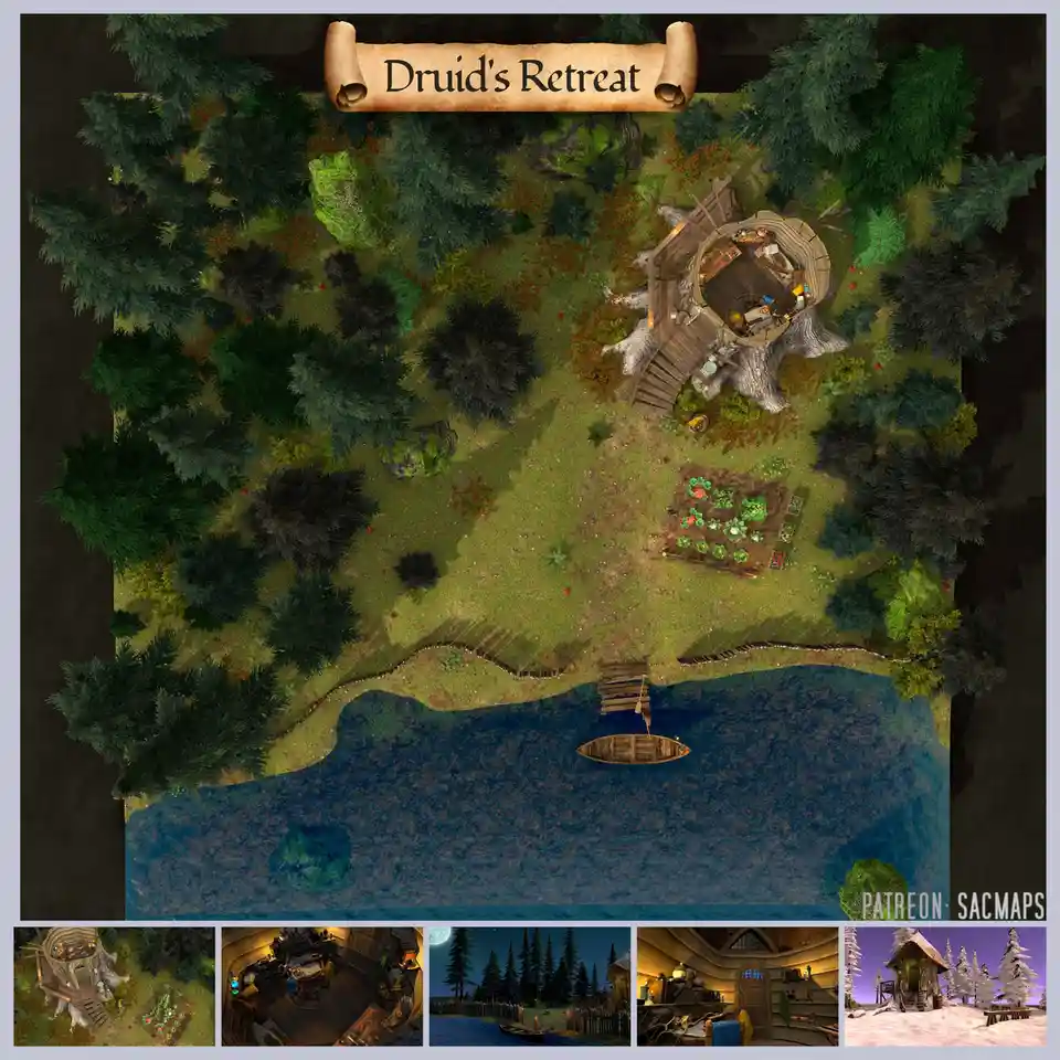 An overhead fantasy map titled 'Druid's Retreat' shows a treehouse nestled in a forest beside a river with a small boat and…