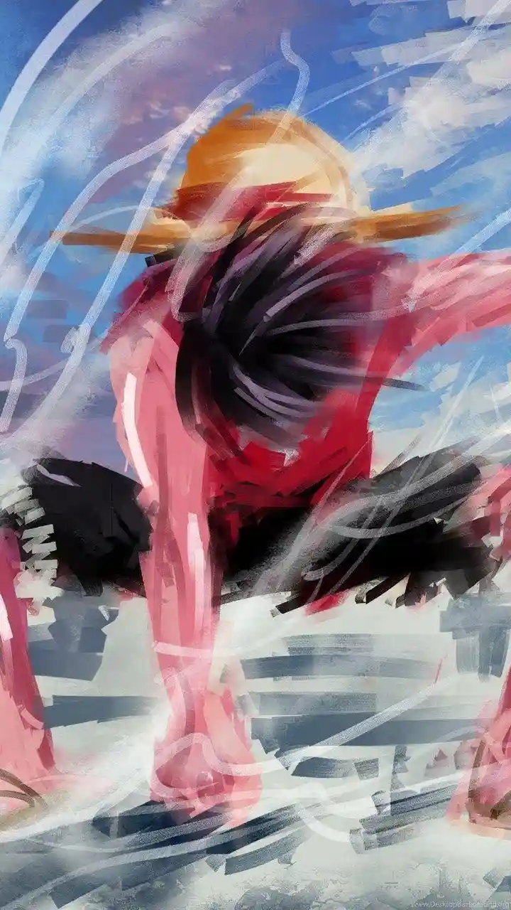 An anime-style illustration shows a character with black hair and a straw hat, wearing a red shirt and black pants, in a…