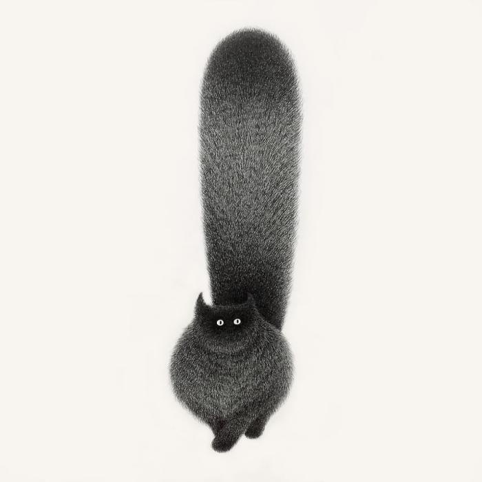 A black cat with a disproportionately long, fluffy tail that extends vertically upward, making it look like a cat-shaped…