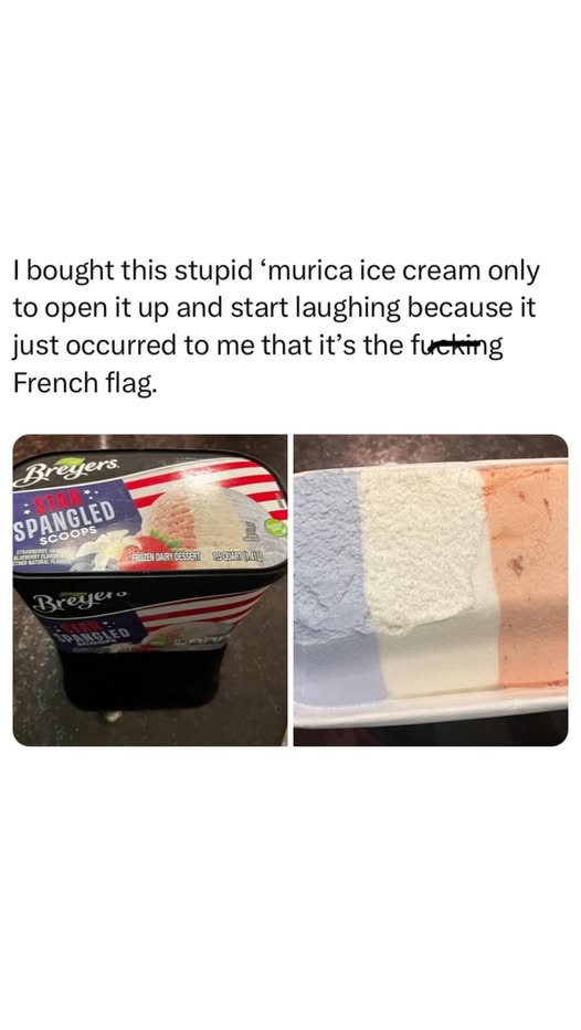 The image shows two photos: one of a Breyers 'Star Spangled Scoops' ice cream tub with an American flag design, and the…