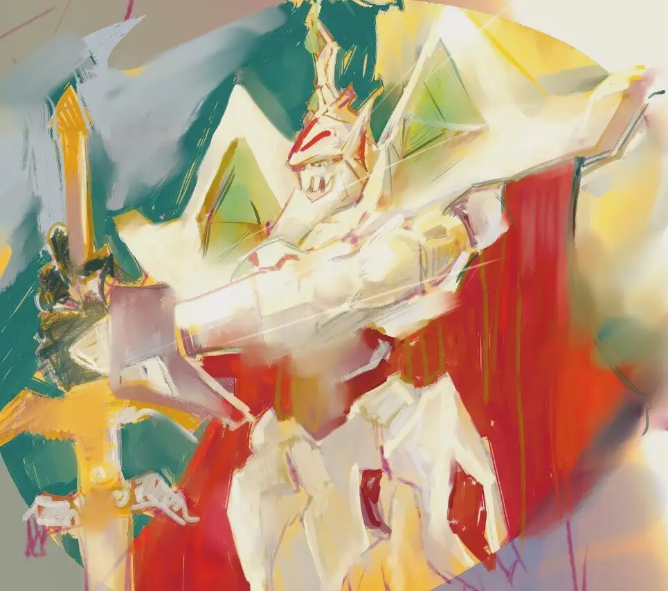 An abstract, painterly illustration of a stylized, armored humanoid figure with sharp angles and vibrant colors like red…