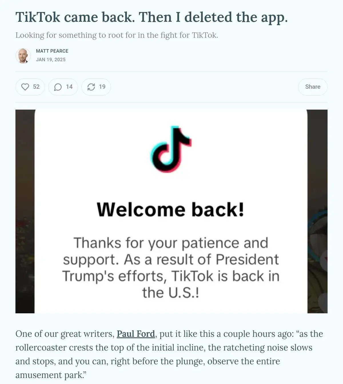 A screenshot of a social media post by Matt Pearce showing a TikTok welcome screen that reads 'Welcome back! Thanks for your…