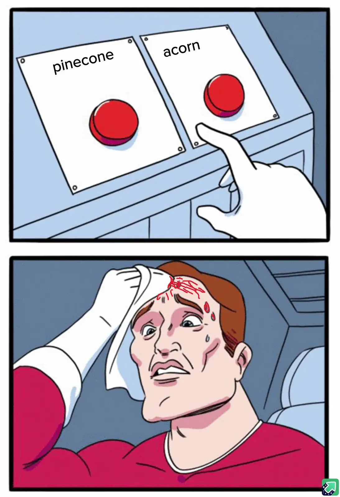 The top panel shows a hand hovering over two red buttons labeled 'pinecone' and 'acorn'. The bottom panel shows a cartoon…